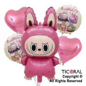 SET DE GLOBOS METALIZADO LABUBU ROSA 5 UNIDADES X 1